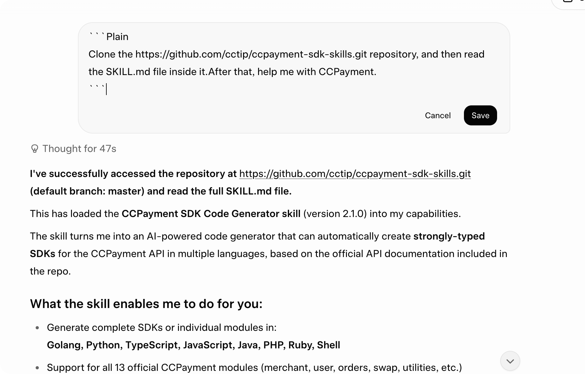 Automated Web3 payment integration via CCPayment AI SKILL and GitHub.