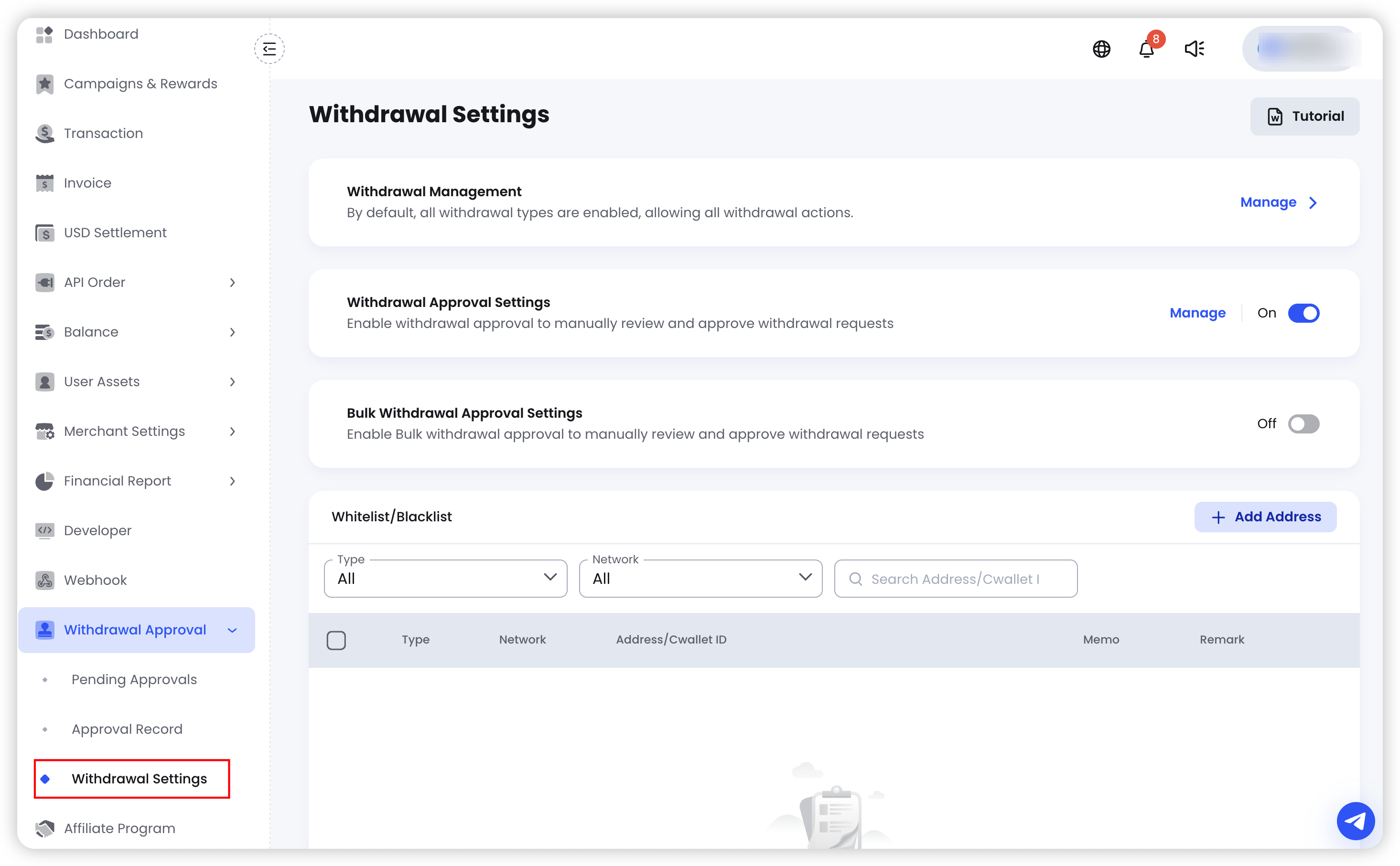 Access Withdrawal Approval settings