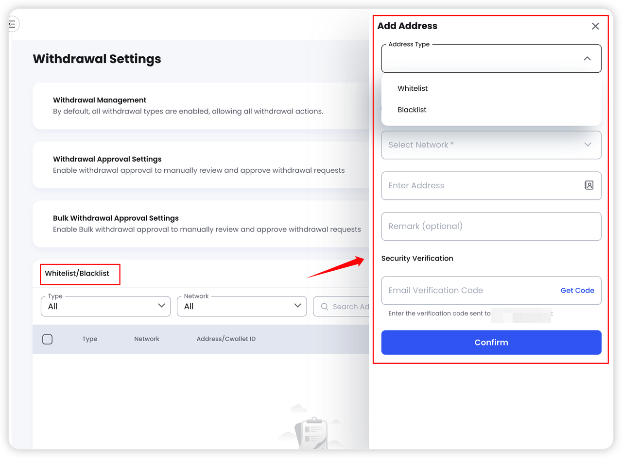 Add an address to the whitelist or blacklist