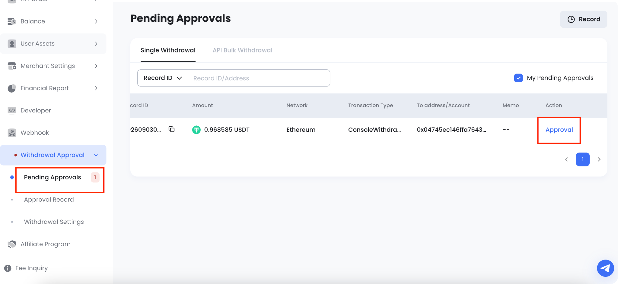 Open the withdrawal approval panel