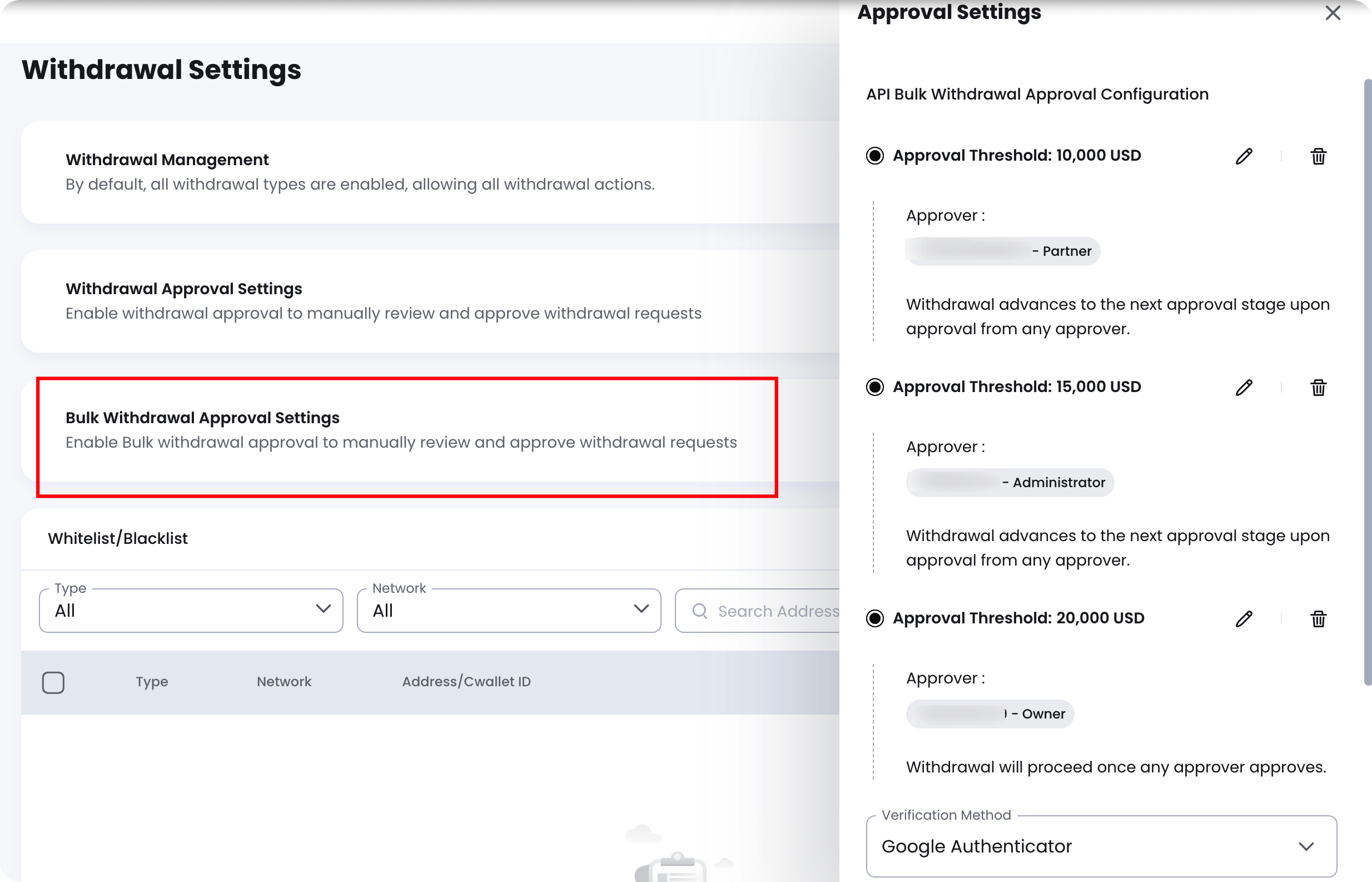 Configure API bulk withdrawal approval