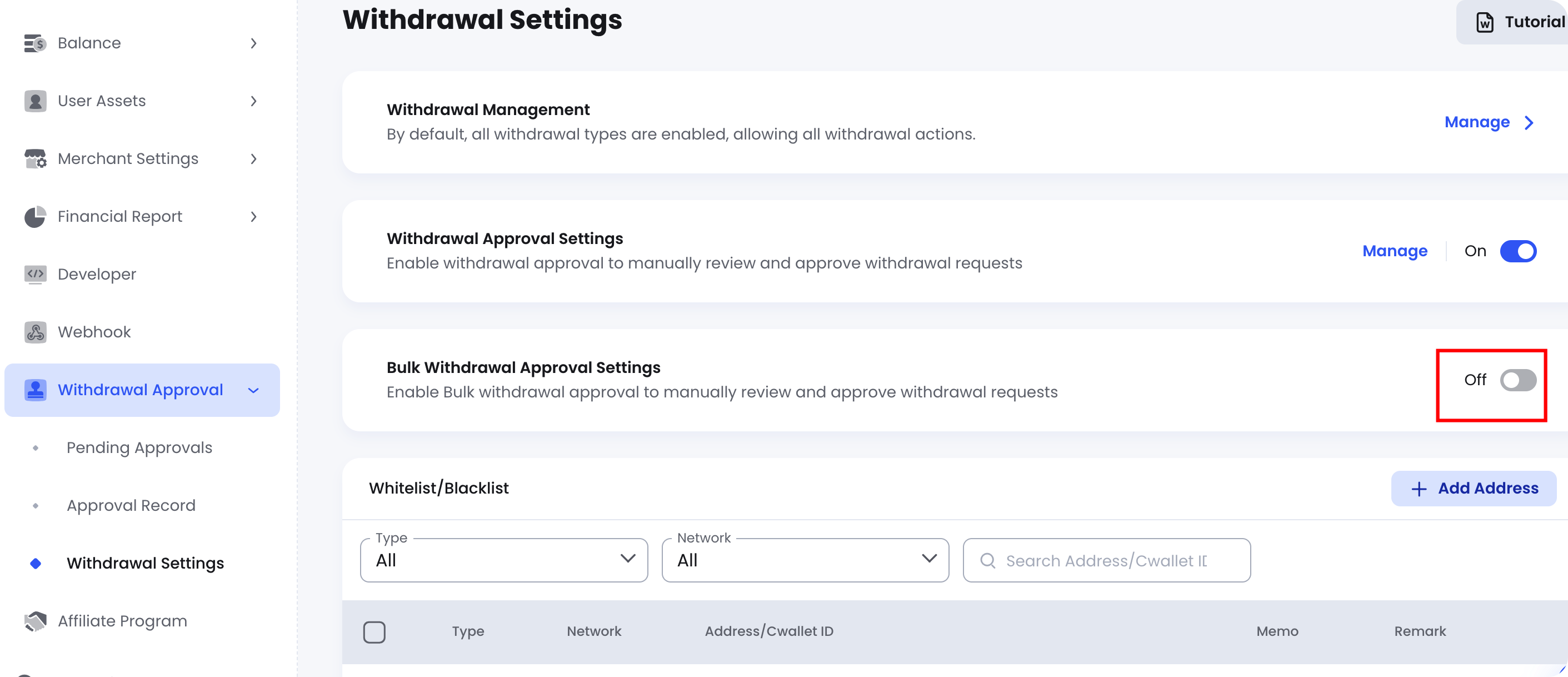 Enable bulk withdrawal approval settings