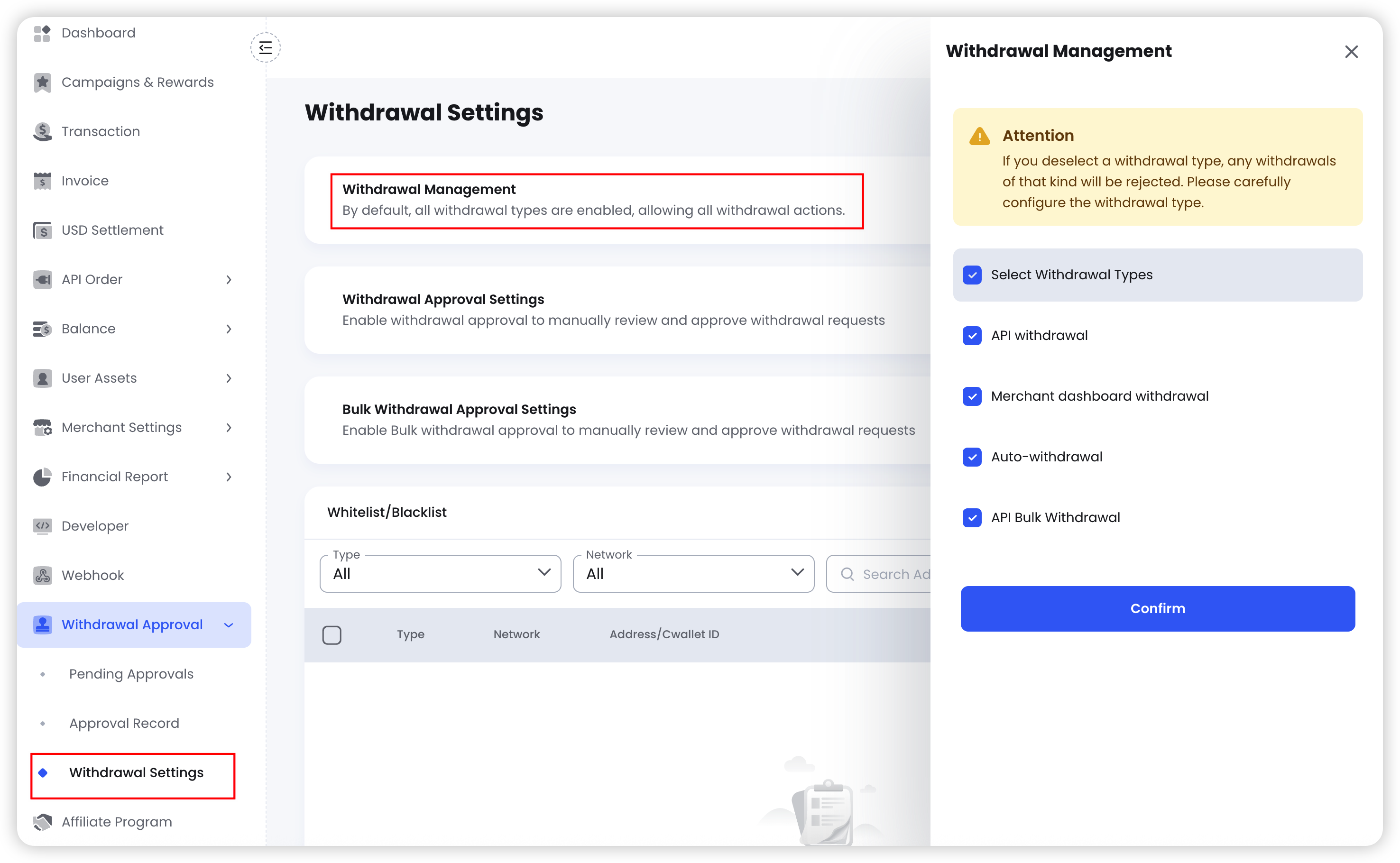 Manage withdrawal types