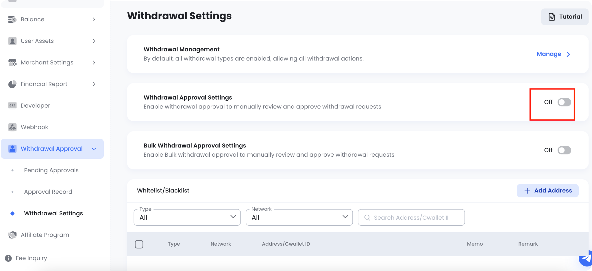 Enable single withdrawal approval settings