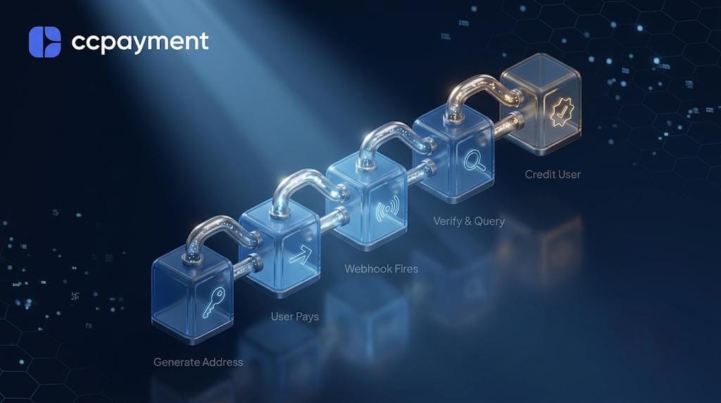 The 5-step crypto payment flow for AI agents: generate a permanent deposit address, user pays, webhook fires, verify and query, then credit user account.
