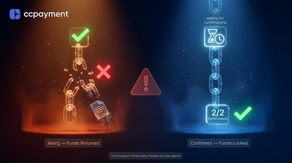 Double-spend trap visualization: transaction rollbacks via RBF and blockchain reorgs can undo unconfirmed payments. Confirmation thresholds prevent ghost credits by waiting for sufficient block confirmations. 
