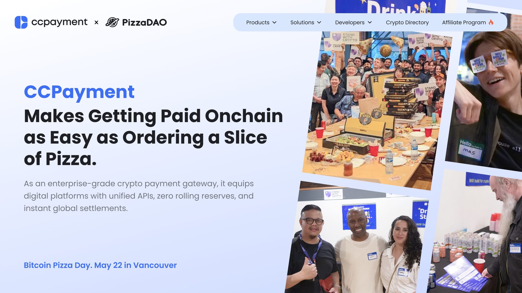 CCPayment team hosting the Bitcoin Pizza Day 2026 event in Vancouver, engaging with local Web3 developers and traditional merchants.