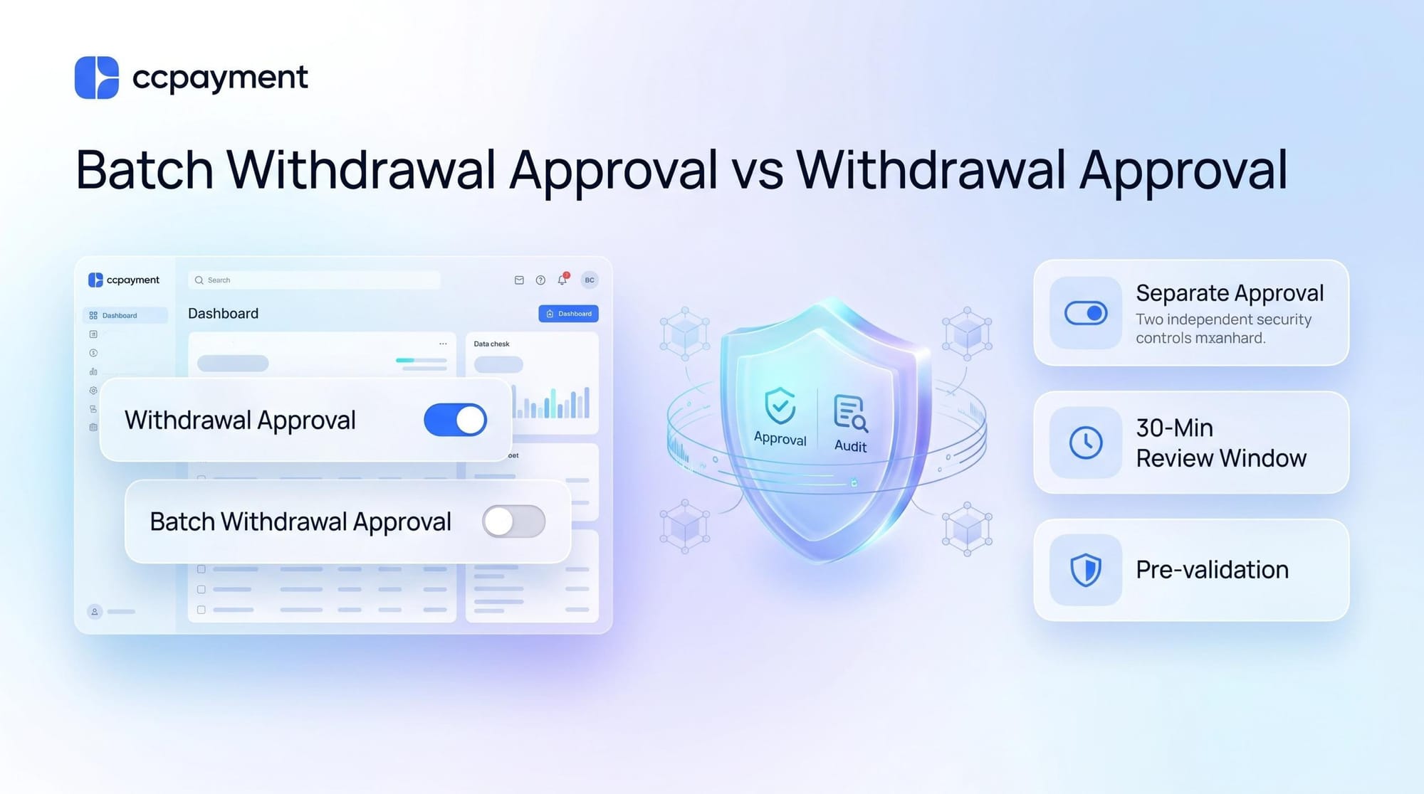 CCPayment CFO checklist illustrating separate security controls for single withdrawal and batch payouts.