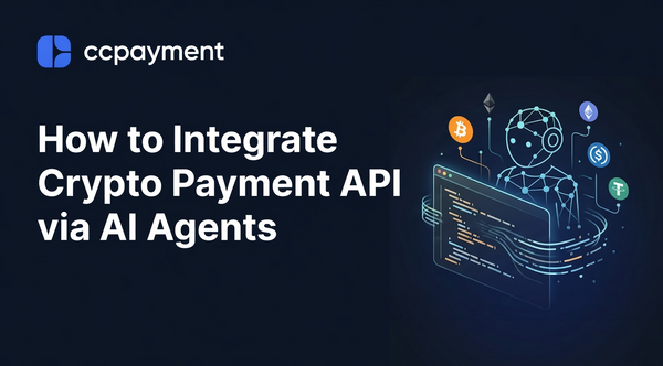 Developer guide cover: How to integrate crypto payment API via AI Agents using CCPayment technology.