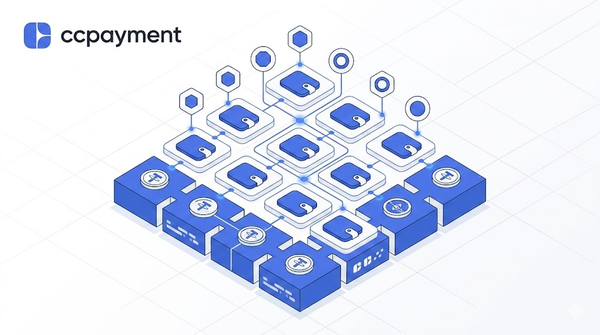 An isometric tech grid network connecting multiple wallet icons and crypto blocks to represent a parallel sub-wallet payment infrastructure by CCPayment.